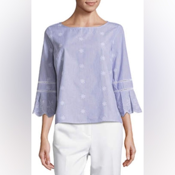 Liz Claiborne Light Blue Floral Blouse with Stripes and Bell Sleeves PS - Picture 1 of 7